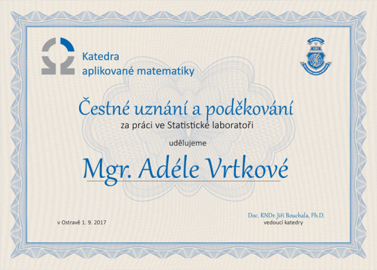 Čestné uznání a poděkování katedry aplikované matematiky