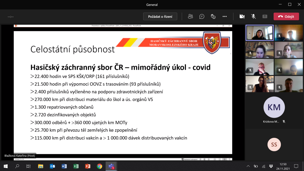 Přednáška plk. Ing. Kateřiny Blažkové, Ph.D., z HZS Moravskoslezského kraje